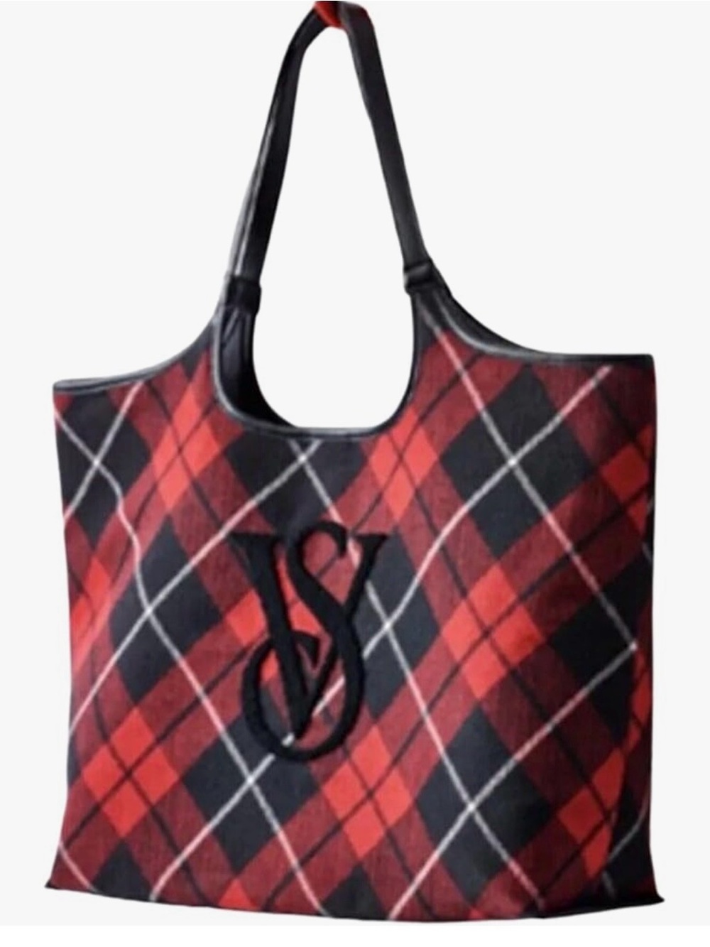 Victoriaβs Secret Plaid Red & Black Tote Bag with Monogram Accent
